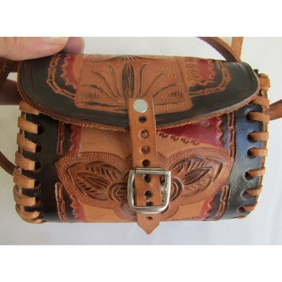 Western Crossbody Mini Brown Tooled Leather Purse with Miniature Hat - Picture 2 of 7